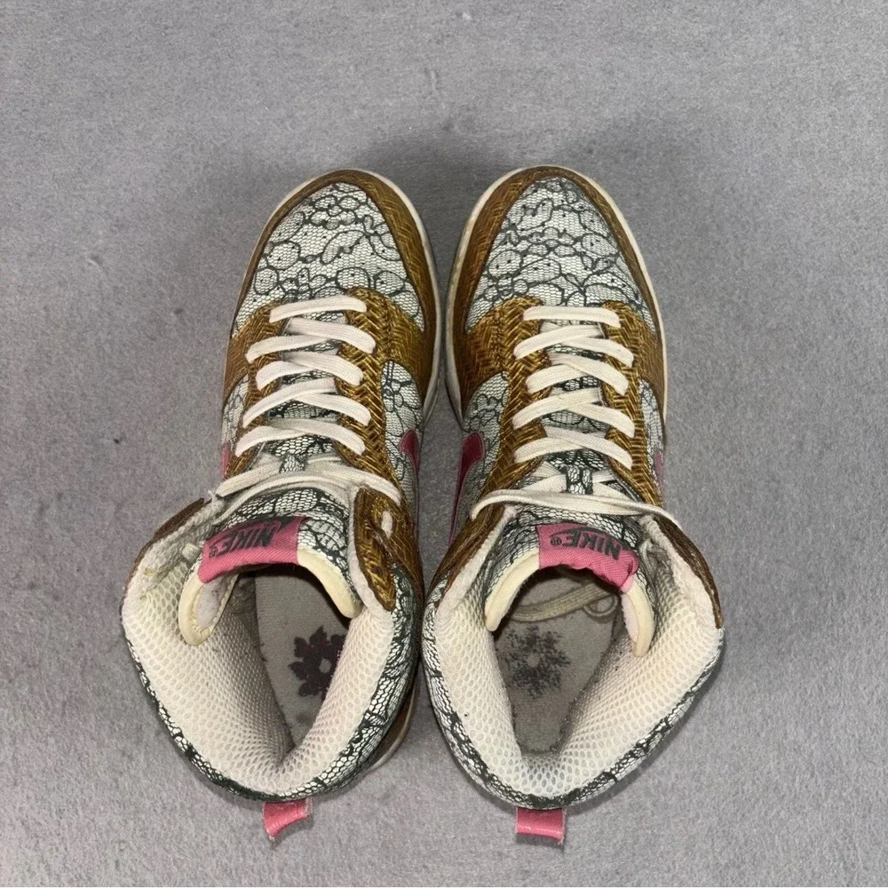 Nike Dunk High Premium Wmns Gold Lace‎ Floral Print Pink Swoosh Sneakers Size 9